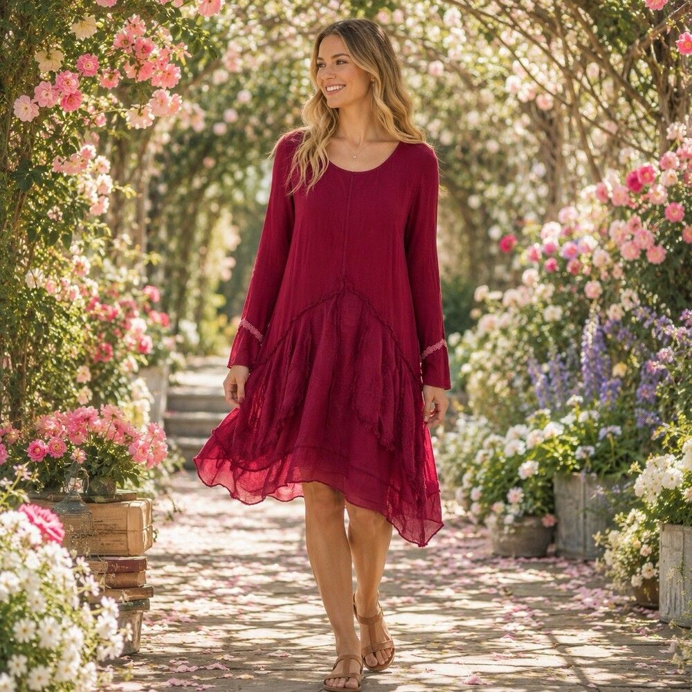 Pretty Angel Vtg Red Mini Dress Ruffle Layered Lace Trim Romantic Fairy Sz Large